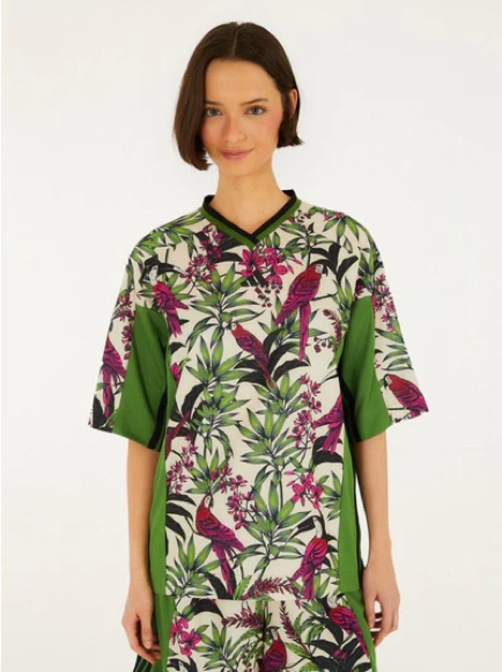 FARM Rio x Adidas Tropical Parrot V-Neck Top in Green, Navy and Pink